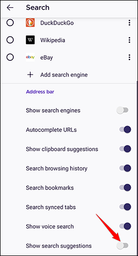 Desative a opção "Mostrar sugestões de pesquisa" na página "Pesquisar" do Firefox no Android.