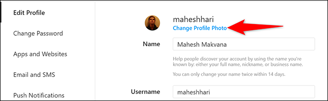 Clique em "Alterar foto do perfil" na página "Editar perfil" do site Instagram.