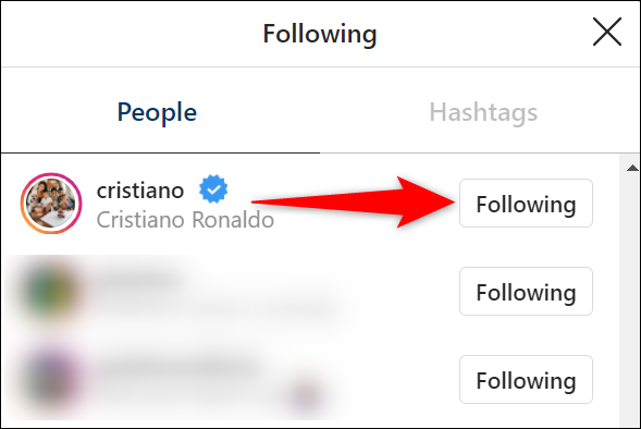 Selecione "Seguindo" ao lado de uma conta na janela "Seguindo" no site Instagram.