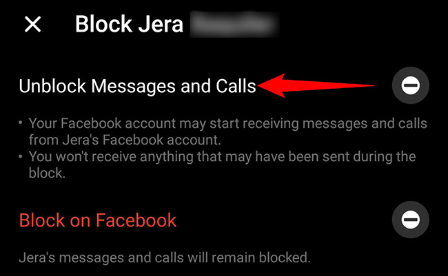 Toque em "Desbloquear mensagens e chamadas" na tela "Bloquear" do Messenger.
