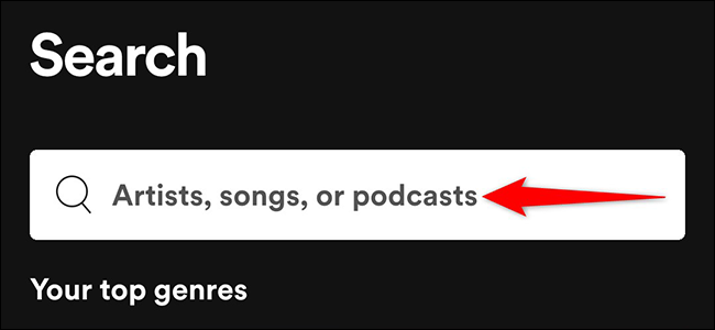 Toque na caixa de pesquisa que diz "Artistas, músicas ou podcasts" na página "Pesquisar" no aplicativo móvel Spotify.