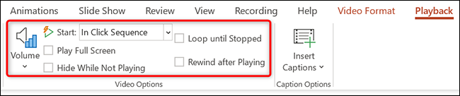 Gerencie a reprodução de vídeo com as "Opções de vídeo" na guia "Reprodução" do PowerPoint.