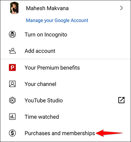 Selecione "Compras e assinaturas" no menu do perfil no aplicativo do YouTube.