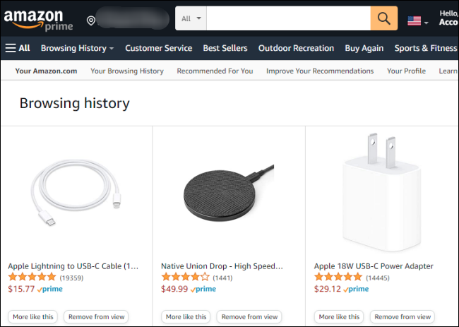 Histórico de navegação na Amazon