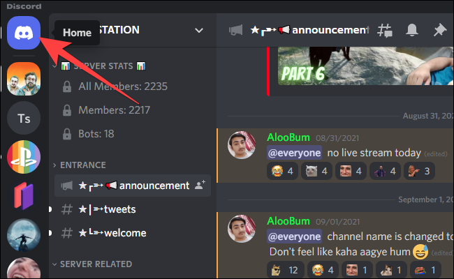 Clique em “Home” no canto superior esquerdo do aplicativo Discord.