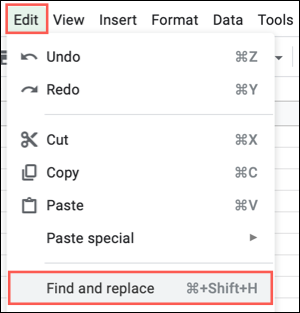 Clique em Editar, Localizar e Substituir no Planilhas Google