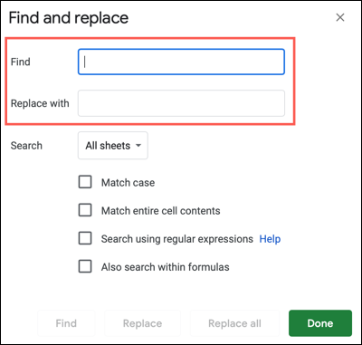 Insira os dados de Localizar e Substituir