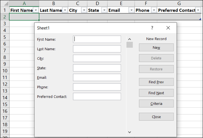 Abra o formulário de entrada de dados no Excel