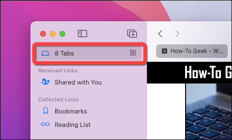 Clique com o botão direito do mouse no botão "Abas" no menu "Barra lateral" do Safari no Mac.