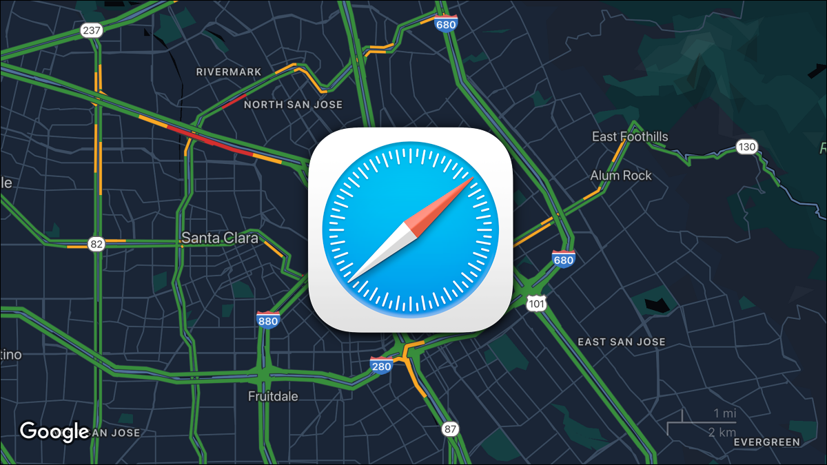 Logotipo do Safari no plano de fundo do mapa no modo escuro.