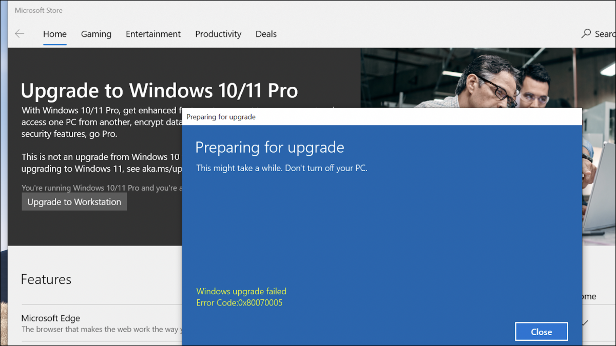 Código de erro 0x80070005 durante a atualização para o Windows 10 Pro.