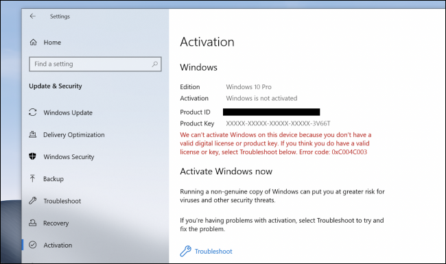 Tela de ativação do Windows 10 informando que o Windows não está ativado.