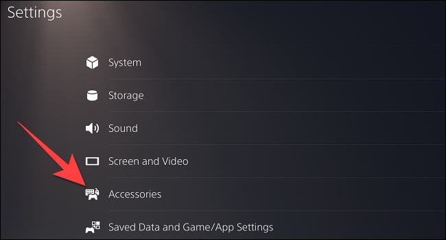 Selecione "Acessórios" em "Configurações" no PS5.