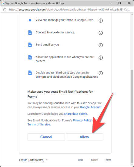 Escolha a conta do Gmail relevante e selecione “Permitir”.