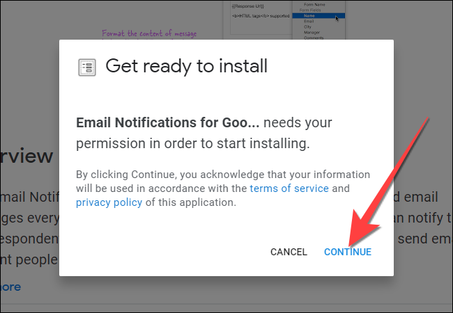 Selecione "Continuar" para permitir que o add-on acesse os detalhes da sua conta do Gmail.