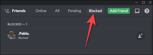 Clique na guia "Bloqueado" na parte superior da janela do Discord.