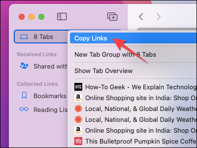 Selecione "Copiar LInks" no menu de contexto do Safari no Mac.