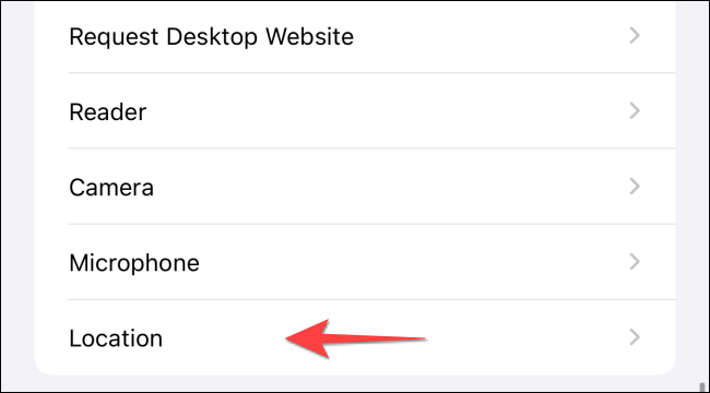 Selecione "Localização" nas configurações do Safari.