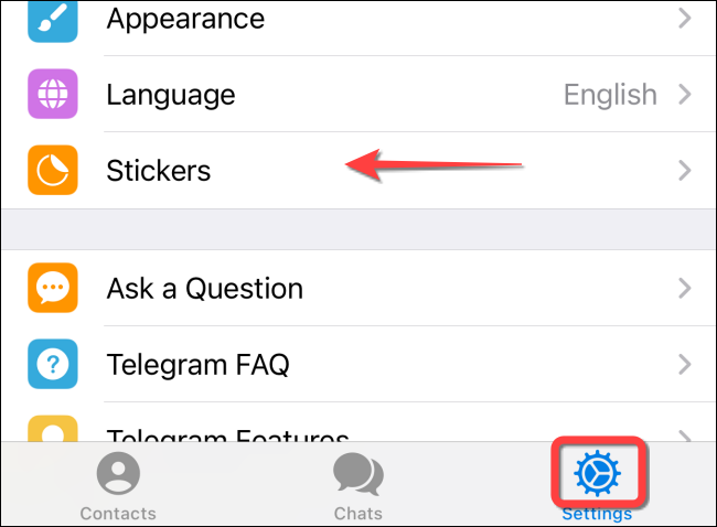Selecione "Configurações" e selecione "Stickers" no Telegram para iPhone