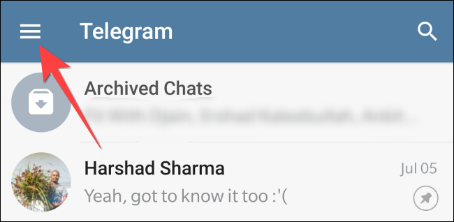Toque no menu de hambúrguer no canto superior direito do Telegram.