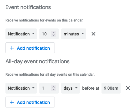 Configurações de notificação do Google Agenda