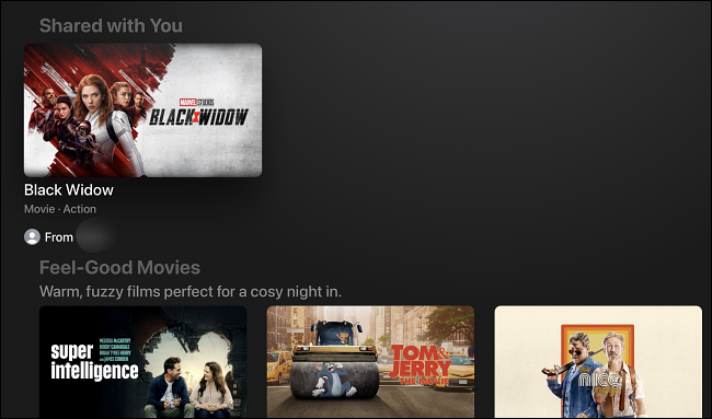 Seção Compartilhado com Você na interface da Apple TV. 