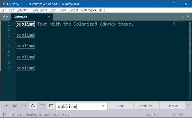 Uma janela Sublime Text mostrando o recurso Localizar palavra.