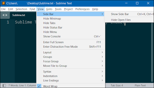Uma janela Sublime Text exibindo o menu Exibir.