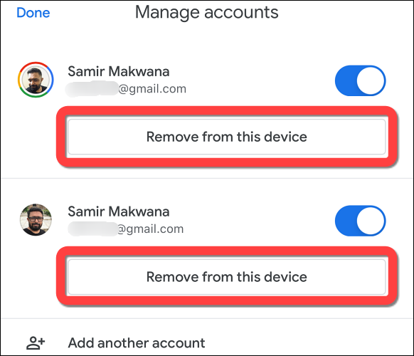 Toque no botão "Remover deste dispositivo" para a conta do Gmail que deseja remover.