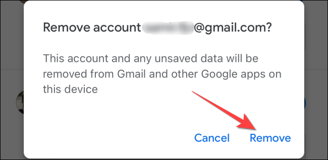 Toque em "Remover" para confirmar a exclusão da conta do Gmail.