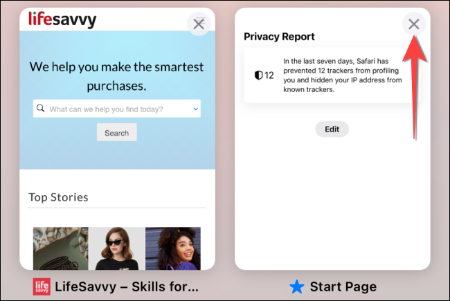 Toque no botão de cruz no cartão da guia aberta para removê-lo do grupo de guias.