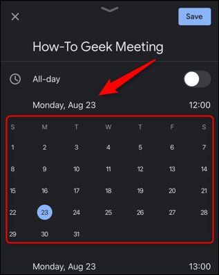 Toque na data e selecione uma nova data para o seu evento.