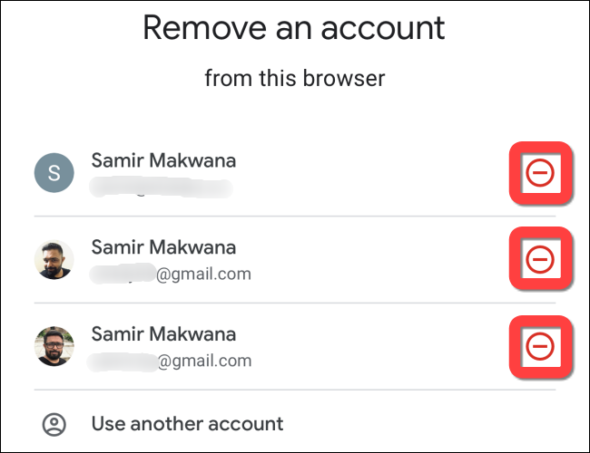 Toque no botão circular vermelho para remover a conta do Gmail.