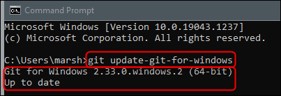 O comando para atualizar o Git no Windows e a mensagem de sucesso.