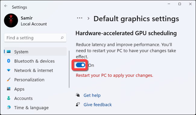 Ative o recurso "Agendamento de GPU acelerado por hardware".