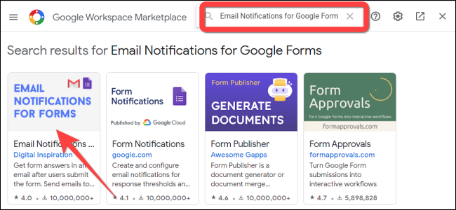 Digite "Notificações por e-mail para formulários" e pressione Enter. 