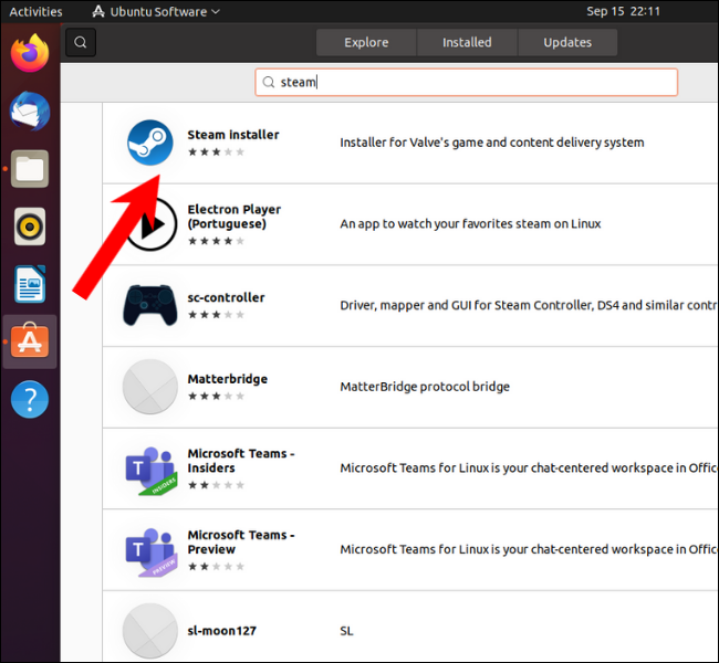 Encontre o instalador Steam no software Ubuntu