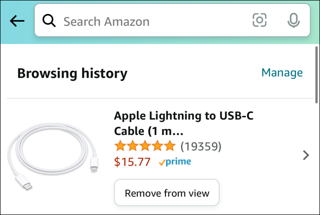 Histórico de navegação no aplicativo Amazon.