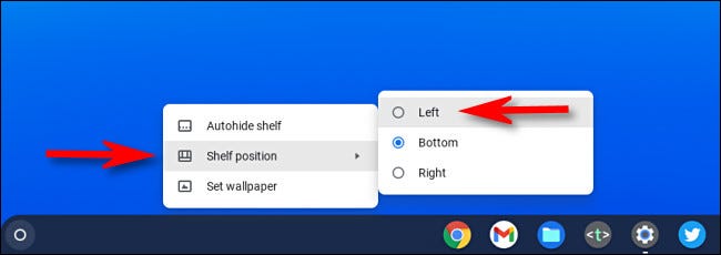 No menu que aparece, selecione "Posição da prateleira" e, em seguida, selecione "Esquerda," Inferior "ou" Direita ".