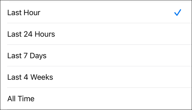 Seleção de intervalo de tempo para limpar o histórico de navegação do Chrome no iPhone