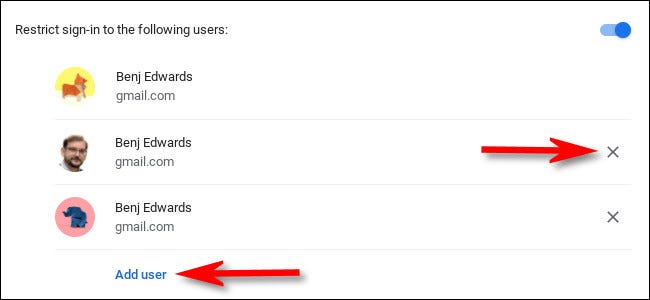 Clique em "X" para excluir um usuário ou em "Adicionar usuário" para adicionar um.