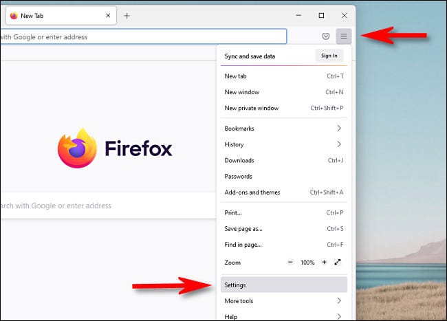 No Firefox, clique no botão de menu de três linhas e selecione "Configurações".