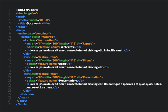 Uma amostra de código HTML