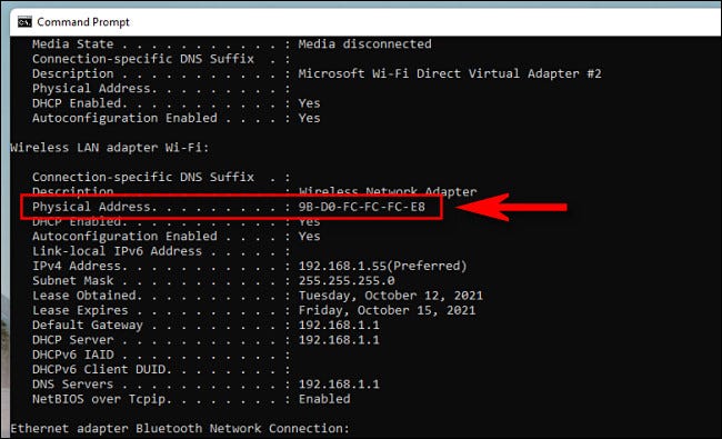 Você verá o endereço MAC listado ao lado de "Endereço físico (MAC)".