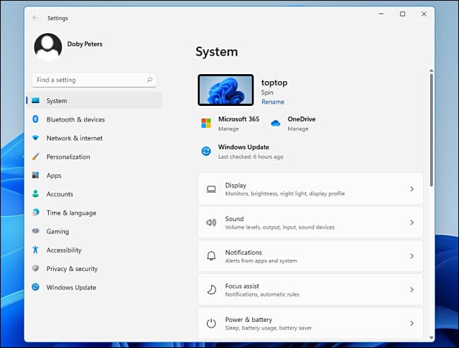 O menu Sistema nas configurações do Windows 11.