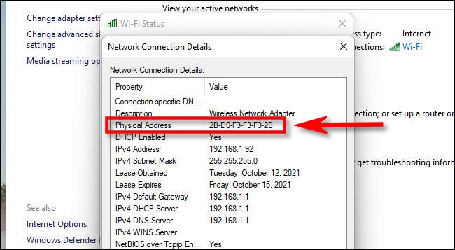 O endereço MAC será listado ao lado de "Endereço físico".