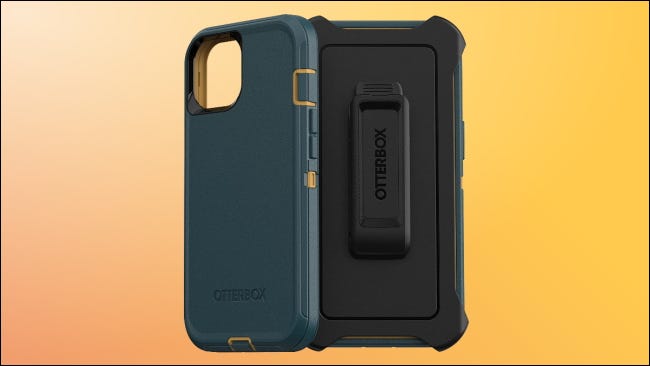 Caixa Otterbox Defender em fundo amarelo