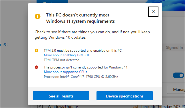 O aplicativo PC Health Check informando que um PC atualmente não atende aos requisitos mínimos do Windows 11.
