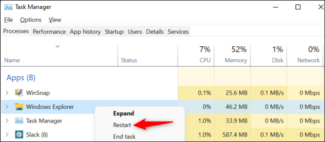 Botão direito do mouse em “Windows Explorer” e selecione “Reiniciar”.