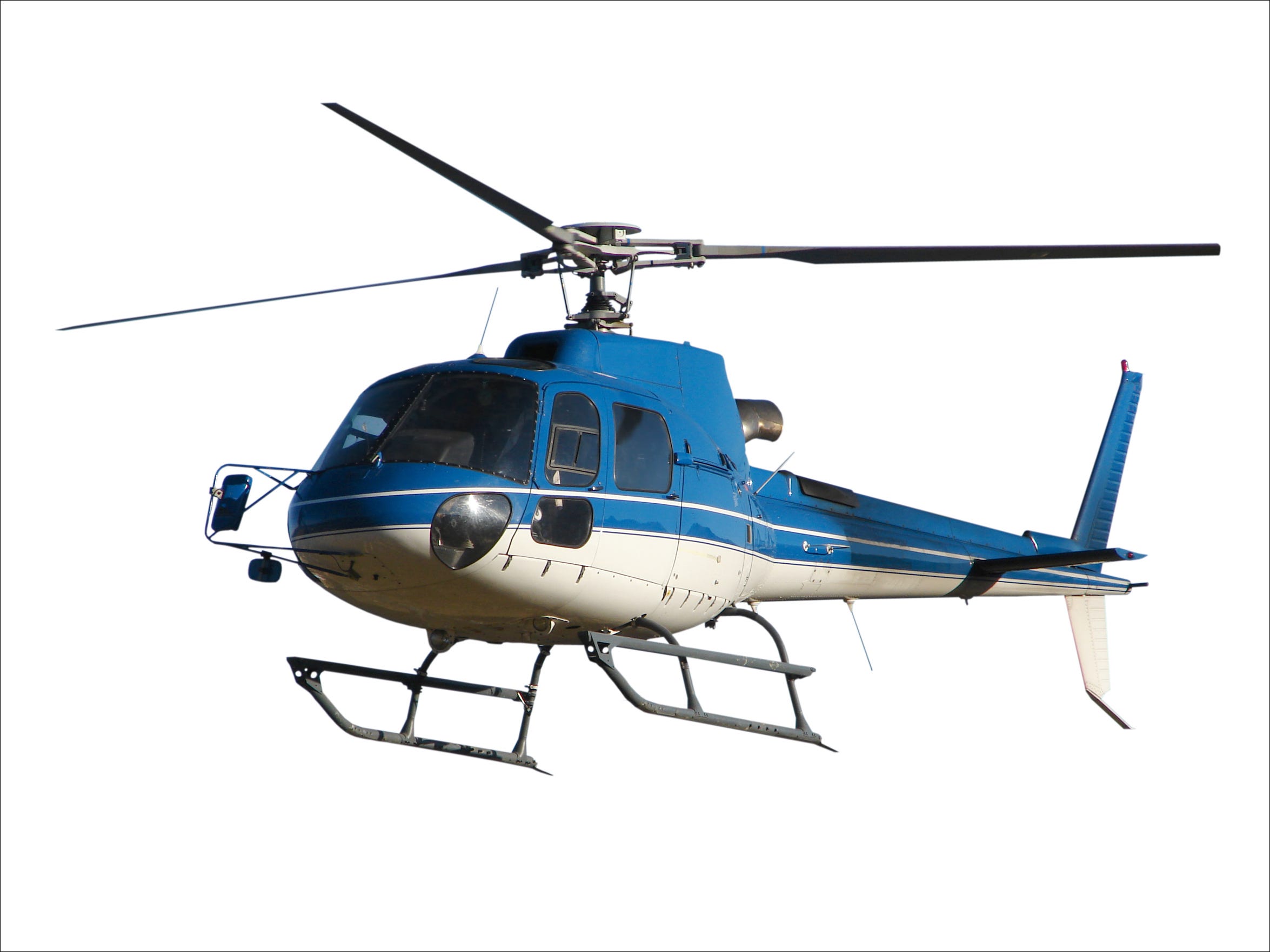 Um helicóptero azul mostrado sobre um fundo branco.